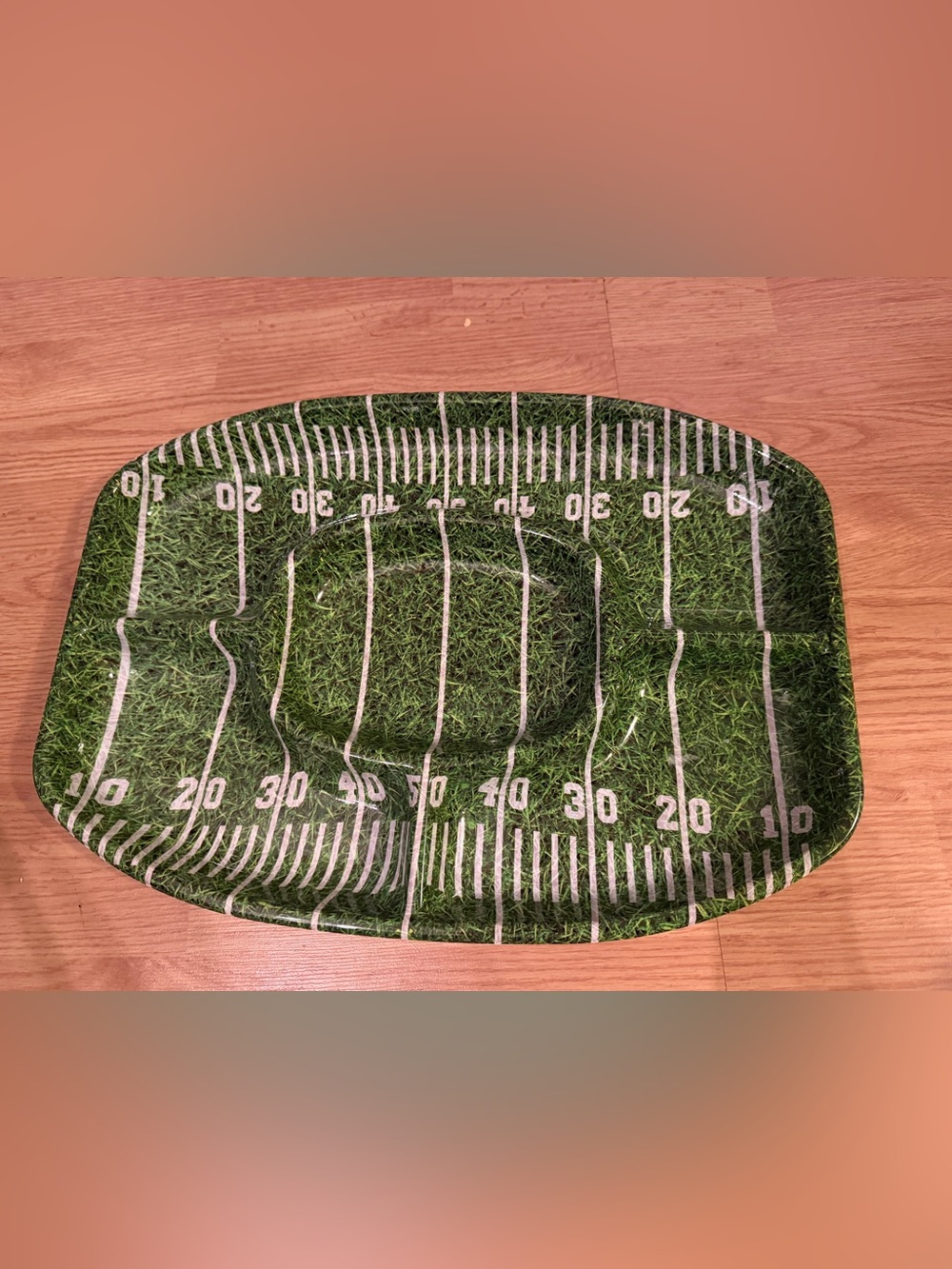 NEW Unique End Zone Football Chip/Dip Tray Green Football. Sturdy Plastic. 18”.